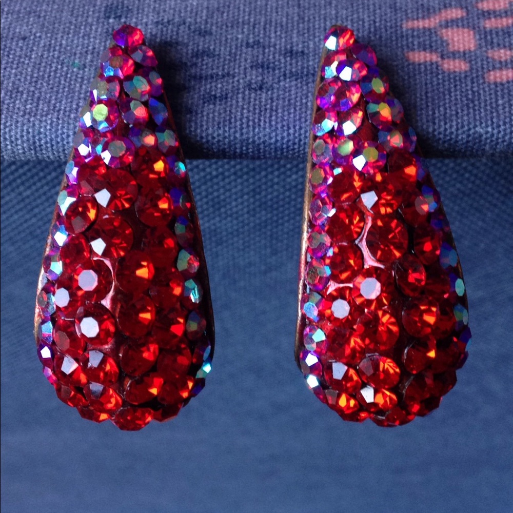 Red, pink, and purple crystal clip on earrings.